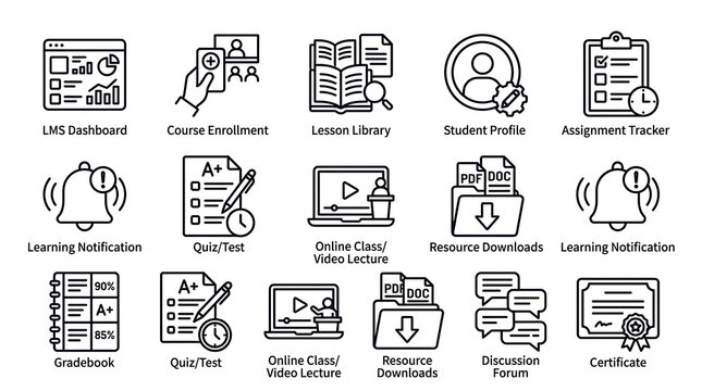 LMS E-learning and Education Line Icon Set for Online Schooling
