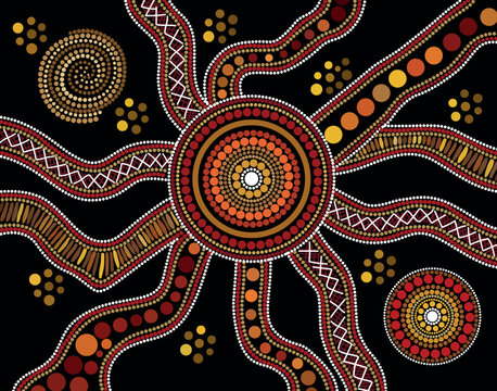 Traditional Aboriginal Dot Art Illustration with Sacred Circular Symbols and Flowing Organic Pathways