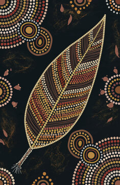 Aboriginal Dot Art Illustration of Native Australian Leaves and Dreamtime Patterns