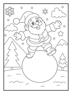 Santa Claus Riding a Giant Snowball Coloring Book Page for Kids. Easy Printable Christmas Holiday Activity.
