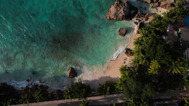 Anse Patates beach in la Digue island of Seyhelles. Aerial top down view