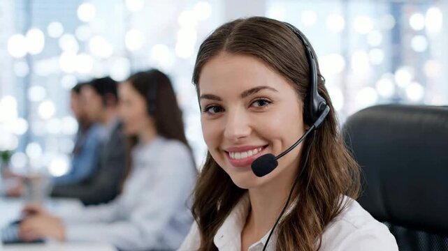 Friendly customer support representative smiling in modern call center office, helpline consultant wearing headset for business