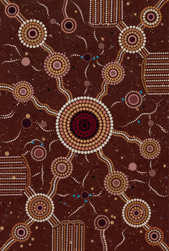 Aboriginal-Inspired Dreamtime Dot Art with Interconnected Sacred Circles and Flowing Cultural Pathways