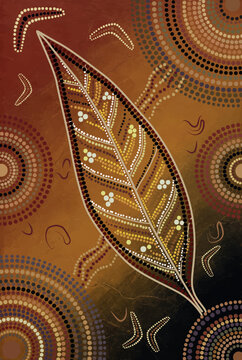 Aboriginal Dot Art Illustration of Stylized Leaf with Traditional Decorative Patterns