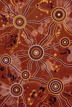 Aboriginal-Inspired Sacred Landscape with Interconnected Song lines, Circular Symbols and Earth-Tone Patterns