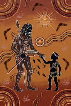 Aboriginal-Inspired Hunting Scene with Traditional Human Figures, Boomerang Shapes and Dreamtime Dot Patterns