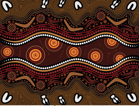 Aboriginal-Inspired Horizontal Dot Pattern with Flowing Songline Motifs and Decorative Earth-Tone Waves