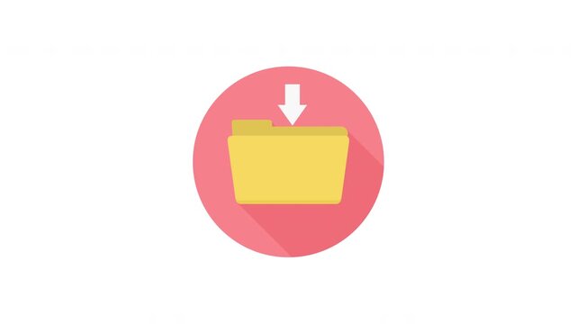 Flat design icon of folder with download arrow inside a pink circle on white background