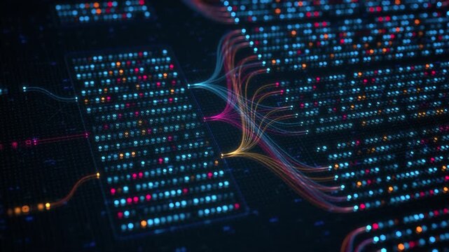 Big Data Analytics Neural Network Data Flow Visualization, AI Machine Learning, Quantum Computing, Binary Code Digital Grid, Futuristic Artificial Intelligence Technology Abstract Background