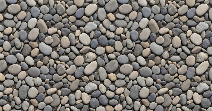 Smooth grey and beige river pebbles flat lay texture
