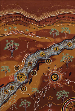 Aboriginal-Inspired River and Outback Landscape with Sacred Circular Symbols, Native Trees and Dot Design.