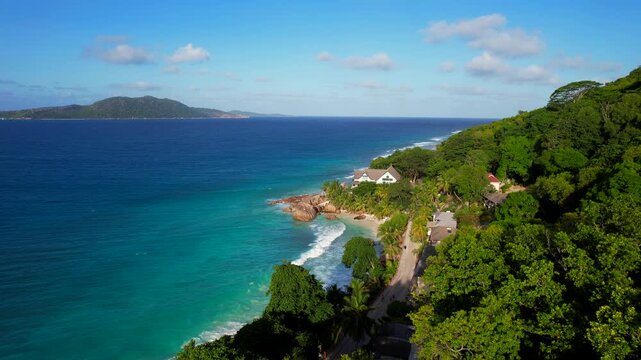Norh coast of la Digue island in Seychelles. Aerial