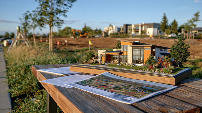 Large modern 3D house model resting on a comprehensive zoning and master development plan, documents spread across a weathered wooden table positioned at the edge of a vast open landscape cleared an