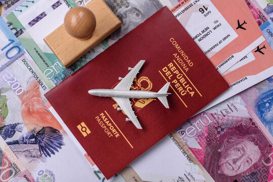 Peru, peruvian passport or id document with tickets for flight, border crossing. Peruvian passport