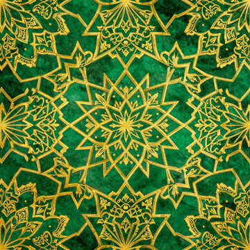 Seamless Islamic arabesque geometric pattern in emerald green and gold