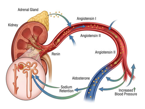 Human renin angiotensin system and blood pressure process diagram isolated on white background