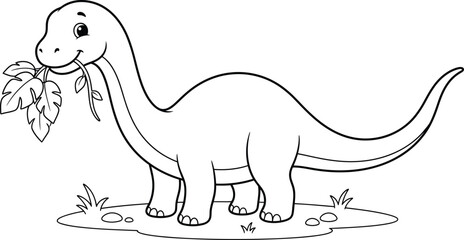 Fototapeta premium Cute cartoon dinosaur eating leaves, black and white line art illustration for kids. A simple black and white coloring page of a friendly baby dinosaur.