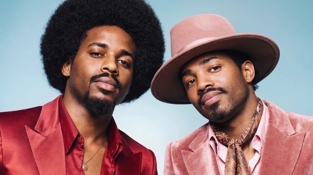 Two stylish black men in retro 70s suits posing on blue studio background. Man with afro hair and friend in wide brim hat and velvet jacket. Vintage disco funk fashion portrait