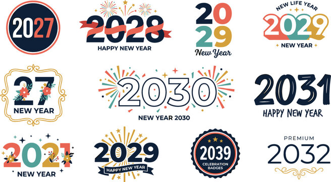 New Year typography collection featuring 2027 2028 2029 2030 2031 2032 festive badges banners and celebratory designs