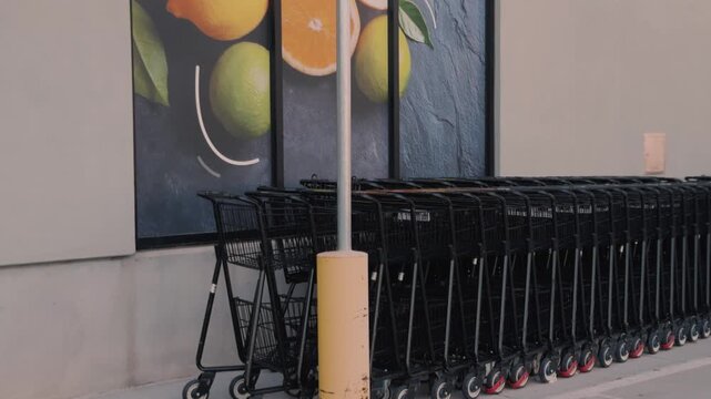Camera approaches nested shopping carts before slowly panning right.
