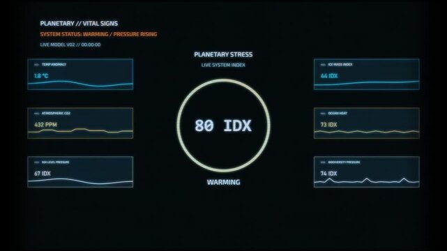 Digital interface displaying planetary vital signs with stress index and warming metrics. Data visualization for climate change, environmental monitoring, and scientific research.