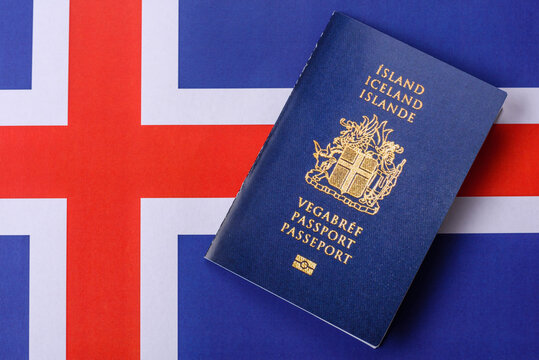 Iceland, Icelandic passport or id document with tickets for flight, travel. Icelandic passport