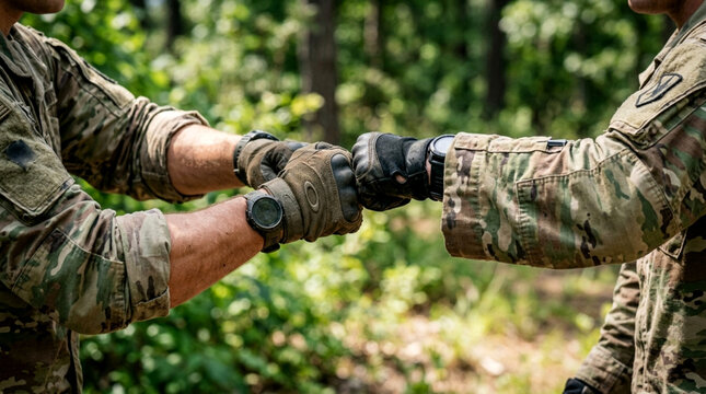 Soldiers' fist bump, forest background, camaraderie and teamwork