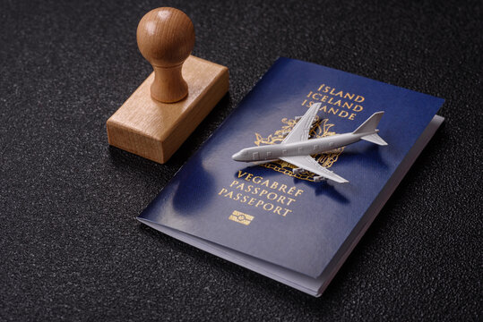 Iceland, Icelandic passport or id document with tickets for flight, travel. Icelandic passport