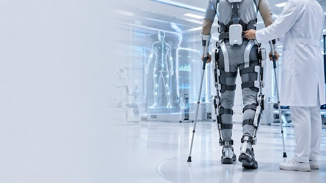Medical professional assisting patient wearing robotic exoskeleton mobility device in modern laboratory research facility with exoskeleton robotics technology mobility rehabilitation healthcare