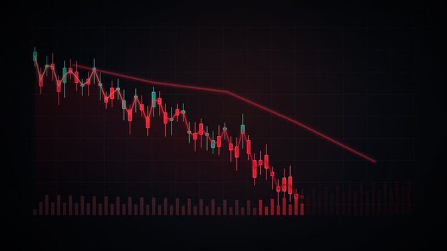 Stock market candles with falling prices of securities. Loss of assets in equities, showing a decreasing trend, poor performance, and financial losses due to economic crisis.
