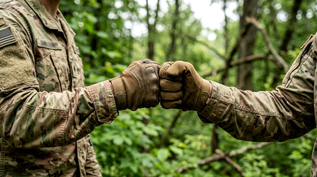 Soldiers Fist Bump in Forest Camouflage Gear, Unity and Teamwork