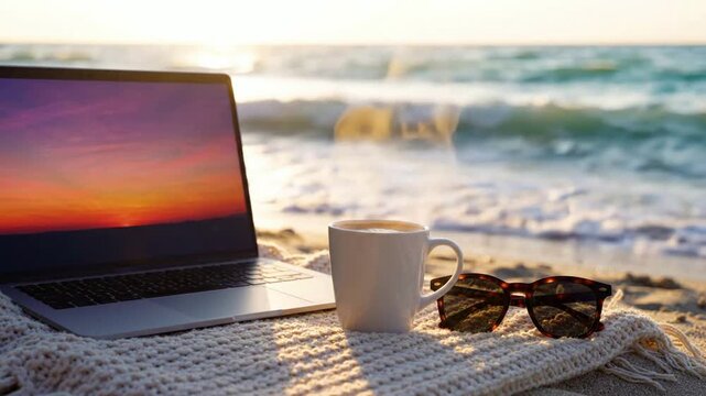 Remote work lifestyle: laptop, steaming coffee, and sunglasses on a sandy beach at sunset for digital nomad and travel inspiration