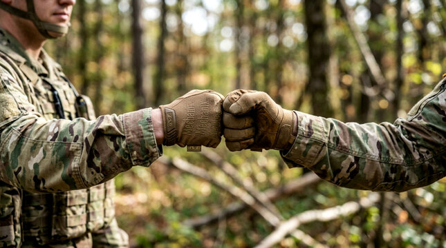 Soldiers Fist Bumping in Forest - Military Teamwork and Camaraderie