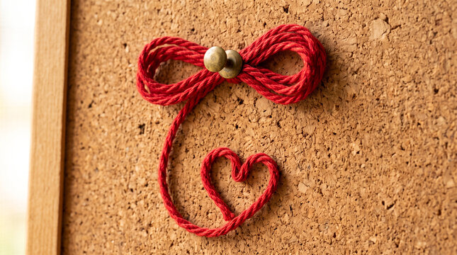 Red string formed into a bow and heart shape pinned to a brown cork board with attached cork bulletin board metal pin string arranged decoration valentines