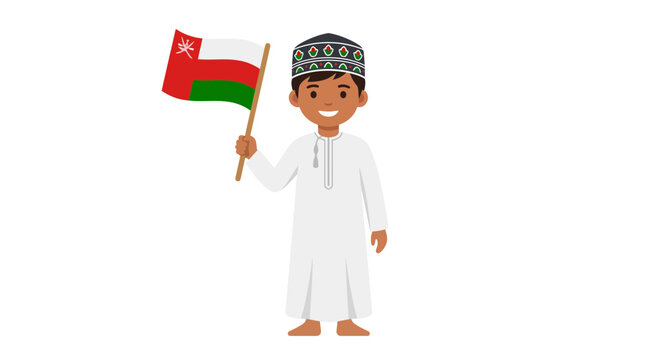 Omani boy in traditional dishdasha and kumma holding Oman national flag
