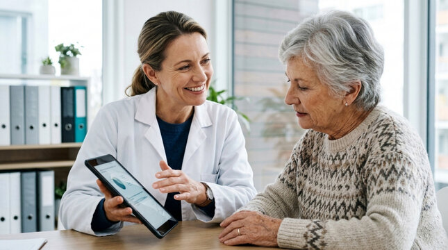 Doctor discussing medical results with elderly patient on tablet