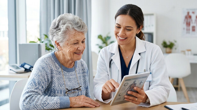 Doctor showing tablet to elderly patient, healthcare consultation, medical advice, happy seniors