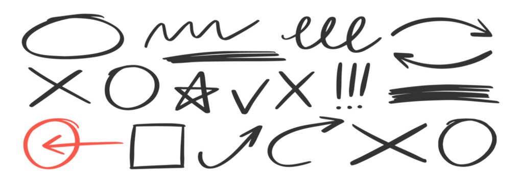 Vector collection of sketched elements including brushed strokes, crayon marks, and doodled icons. Features pencil stras, cross, check and highlight for creative projects.