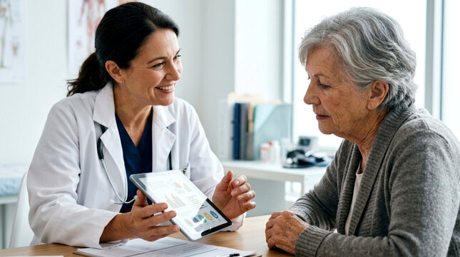 Doctor showing tablet to elderly patient, healthcare, medical consultation