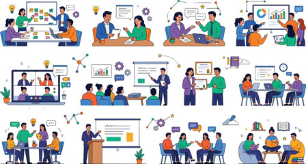Fototapeta premium Business teamwork and collaboration illustration collection featuring meetings, presentations, brainstorming, training, communication, networking, and professional development