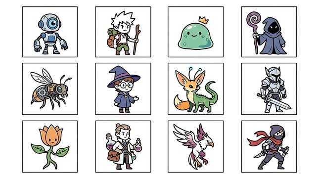 Flat 2D Fantasy Game Character Icons and RPG Class Set