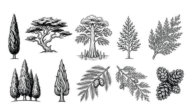 Set of hand drawn cypress trees and branches, coniferous plants, evergreen trees, botanical illustration