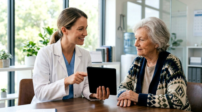 Doctor explains medical results to elderly patient on tablet