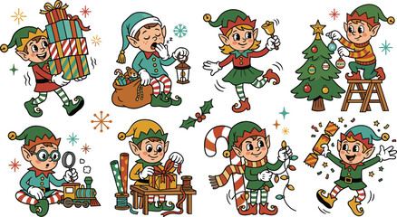 Fototapeta premium Cute Christmas elf character collection with gifts toys decorations crafting ornaments lights and festive holiday activities