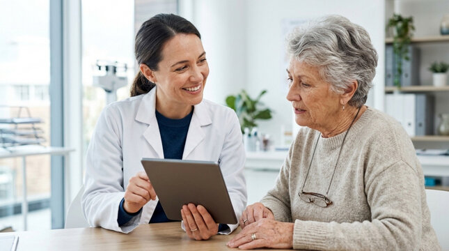 Doctor explains medical results to senior woman on tablet in consultation room