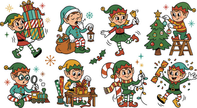 Cute Christmas elf character collection with gifts toys decorations crafting ornaments lights and festive holiday activities