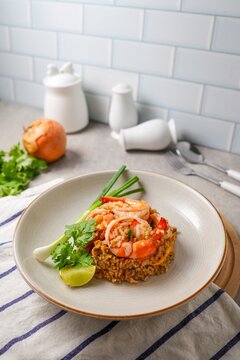 Shrimp Fried Rice (Kao Pad Goong) Served in Ceramic Bowl