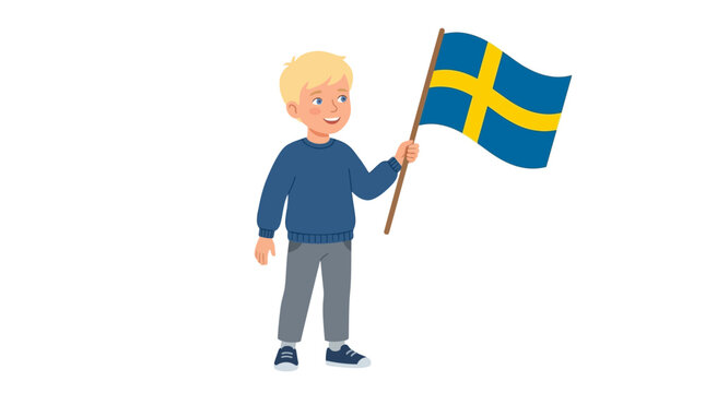 Little Swedish boy holding the national flag of Sweden illustration
