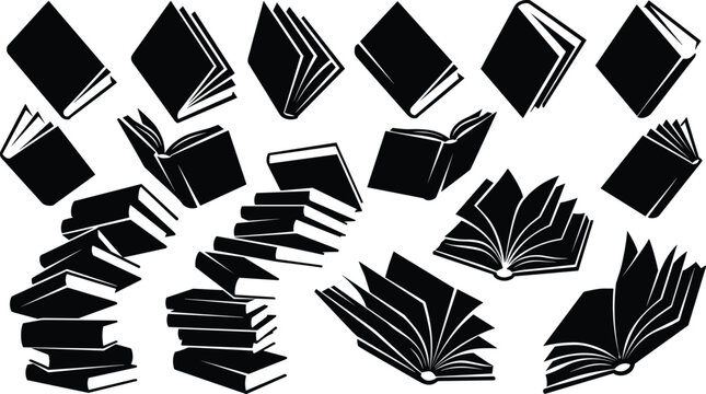 Versatile collection of black book silhouettes featuring open, closed, floating, and stacked volumes for educational design