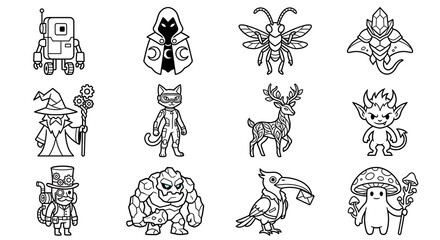 Naklejka premium Fantasy and Sci-Fi Character Line Art Icon Set